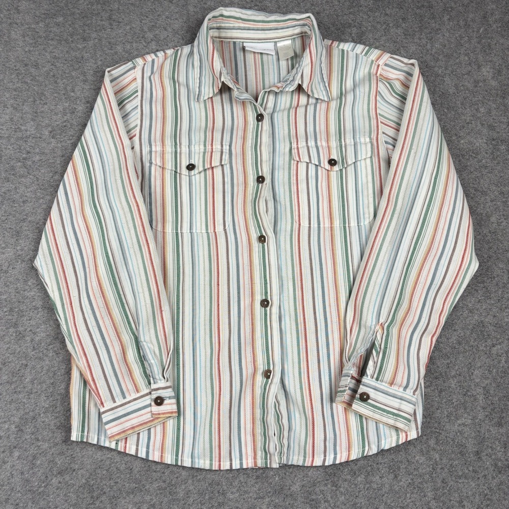 Alfred Dunner Button Up Shirt Women Size 18 Striped Long Sleeve Multi Color